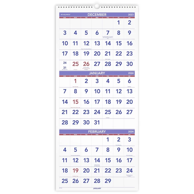 ATAGLANCE 2024 THREE Month Reference Vertical Wall Calendar Large 12