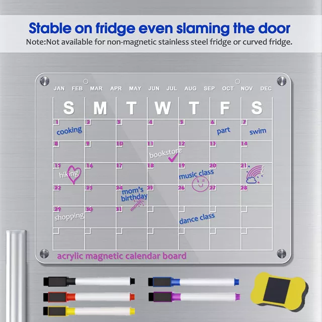 Magnetic Acrylic Calendar for Fridge 17"x12" Clear Dry Erase Calendar Board Pen 3