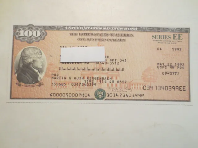 1992 Series Ee  $ 100 Usa Savings Bond For Collectors Or Decoration