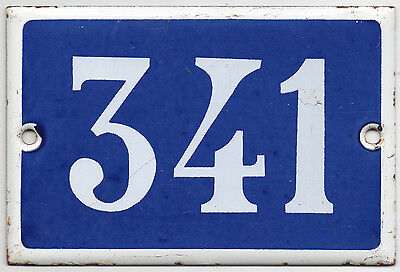 Old blue French house number 341 door gate plate plaque enamel steel metal sign