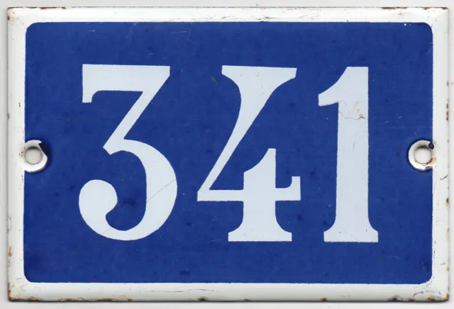 Old blue French house number 341 door gate plate plaque enamel steel metal sign