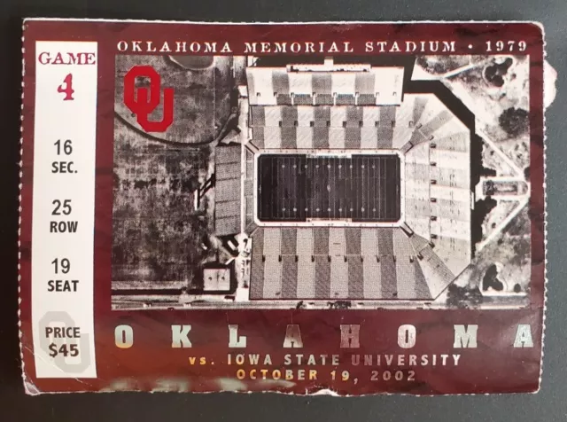 Oklahoma Sooners Iowa State Football Ticket Stub 10/19 2002 Griffin TD Jones TD