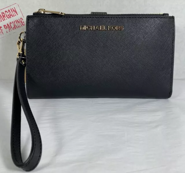 Michael Kors Jet Set Black Leather Double Zip Phone Wristlet Wallet