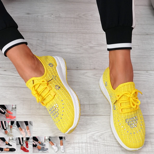 WOMENS LADIES KNIT Diamante Studded Sport Trainers Sneakers Party