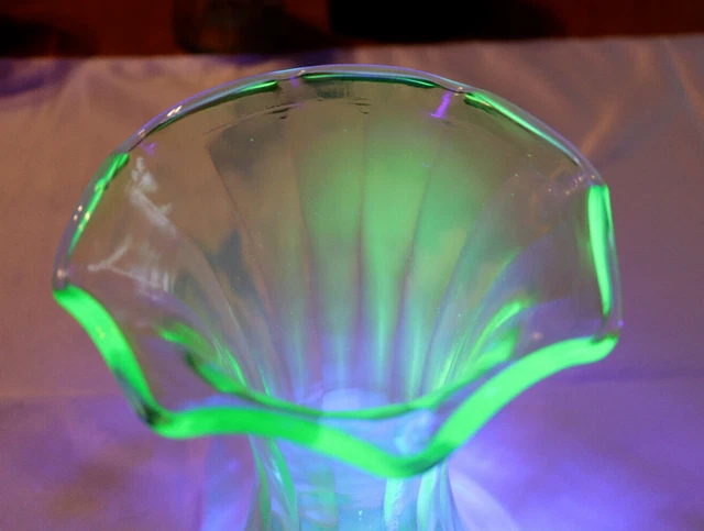 Vintage 1930’s Tiffin Large Uranium Glass Vase Ruffled and Paneled GLOWS!!