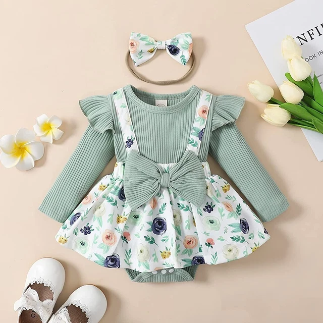 Abito con pappagallo bambina manica lunga 3-6 mesi arricciacapelli floreale con sospensione