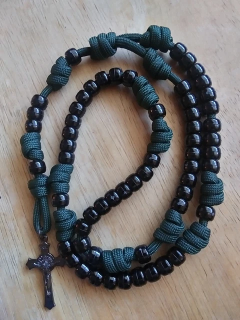 Military Paracord Rosary Beads Olive Cord Black Gunmetal St Benedict Crucifix