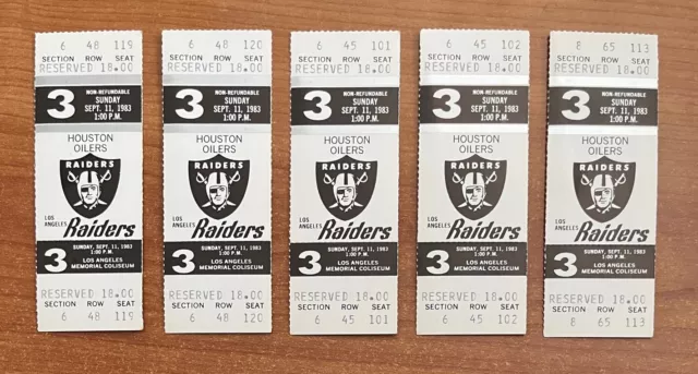Lot Of 5 - 1983 Nfl Houston Oilers @ Los Angeles Raiders Full Football Tickets
