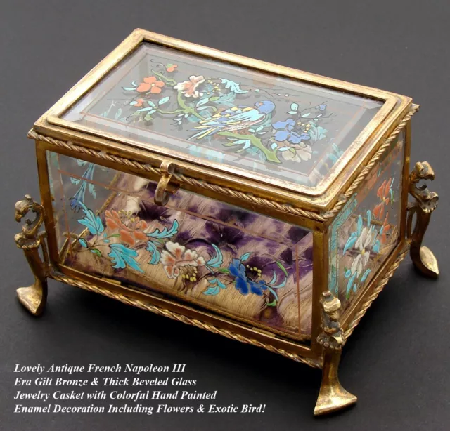 Antique French Napoleon III Era LeGras(?) Bronze & Enameled Glass Jewelry Casket 2