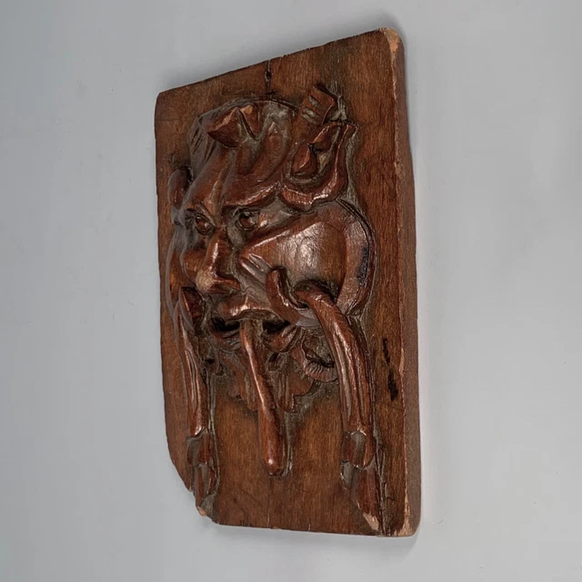 Antique French Hand Carved Wooden Panel Bas-Relief, Mascaron, Mask, Grotesque 3
