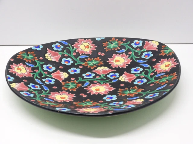 *BELLE ANCIENNE ASSIETTE CERAMIQUE  LONGWY NOIRE FLEURS MULTICOLORES Déco 5670 D 21