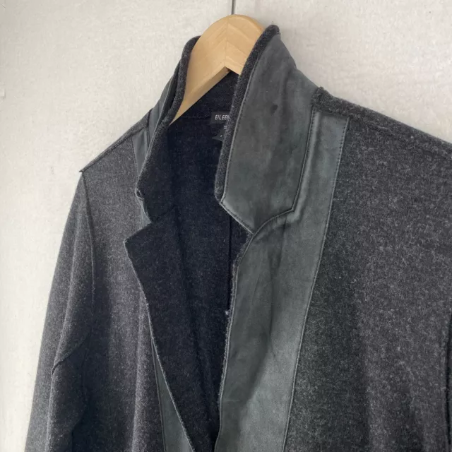 EILEEN FISHER Blazer L Felted Merino Wool Doubleknit Lamb Leather Trim Gray 2