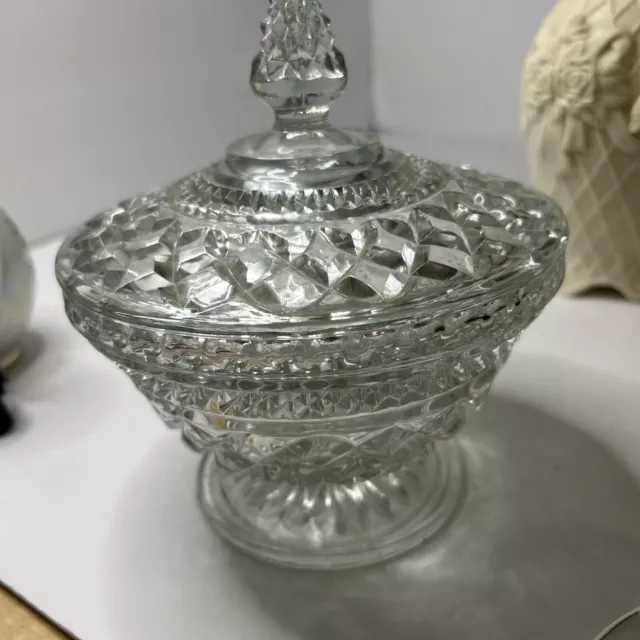 Vintage Anchor Hocking Heavy Glass Wexford Candy Dish With Lid Diamond Cut