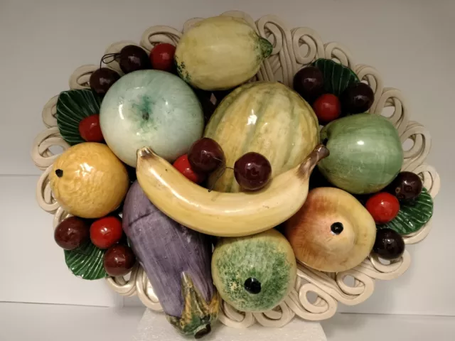 Large Vintage Italy Italian Majolica Porcelain Woven Basket Bowl of Fruit
