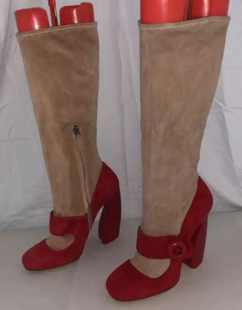 36/6❤️PRADA RUNWAY Red Nude Stretch Suede Leather KNEE High Heel Tall BOOTS