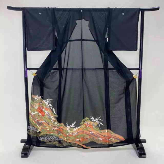 Japanese kimono black tomesode polyester Fan flower Japan haori G-222
