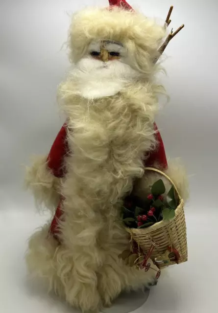 Handmade Primitive Santa Sheepskin Trim 18" on Stand Red
