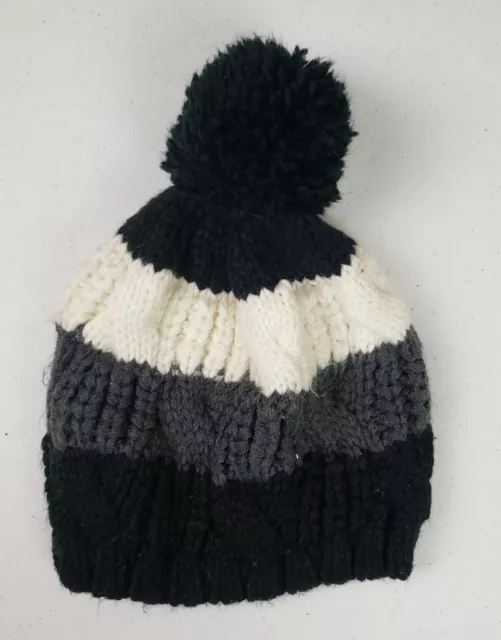 Black White and Gray Color Block Cable Knit Beanie With Pom Pom Womens One Size