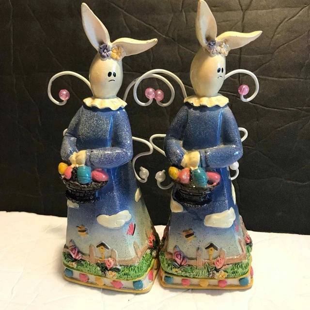 Vintage Wooden Figurines Easter Bunnies with eggs baskets decorative 2 pcs lot