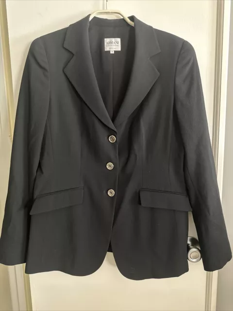 Armani Collezioni Wool Stretch Blazer Black Three Button Jacket Womens Size 10