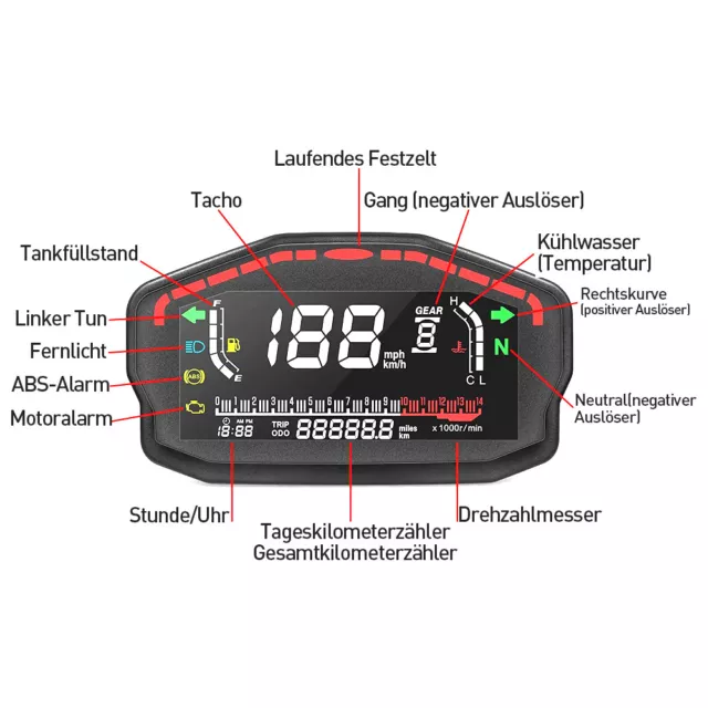 Motorrad LCD Digital Tachometer Drehzahlmesser Kilometerzähler Universal DC 12V 3