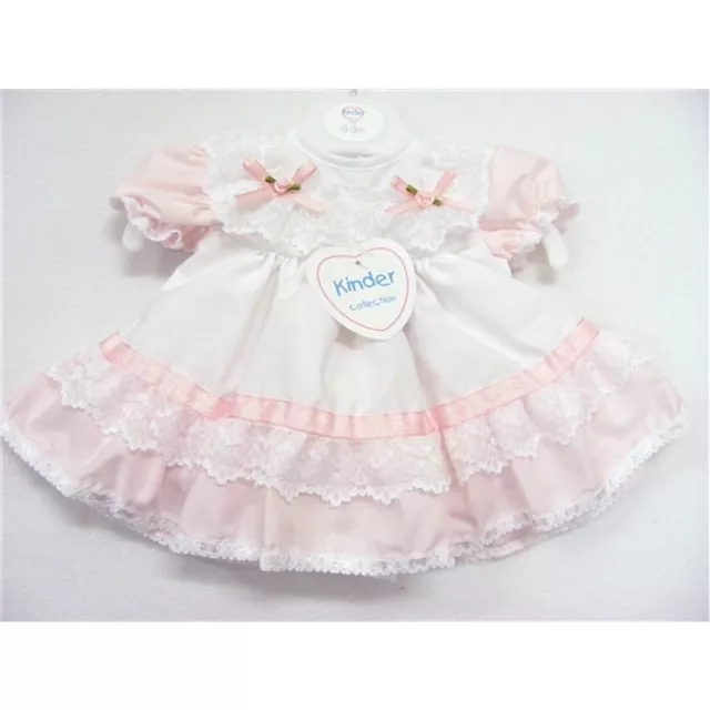 Baby Girls Traditional Romany Pink/White Ribbon & Lace Frilly Dress *Small Fit*