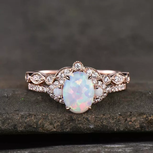 Natural 3Ct Oval Fire Opal 925 Starling Silver Bridal Set Ring Rose Gold Plated