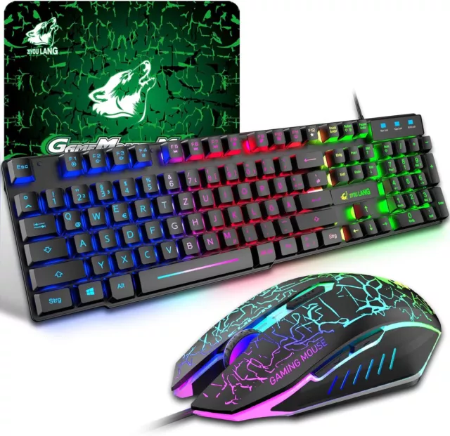 Gaming Tastatur Und Maus Set, QWERTZ German Layout Regenbogen LED Hintergrundbel