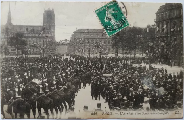 CPA 75 Paris L Arrivée d' un Souverain Etranger oblitérée 1909 semeuse 5 C vert 