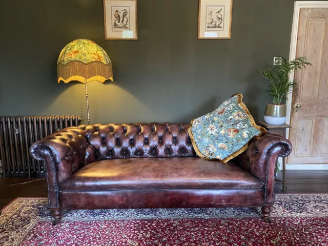 Antique Brown Victorian Leather Chesterfield Sofa With Castors