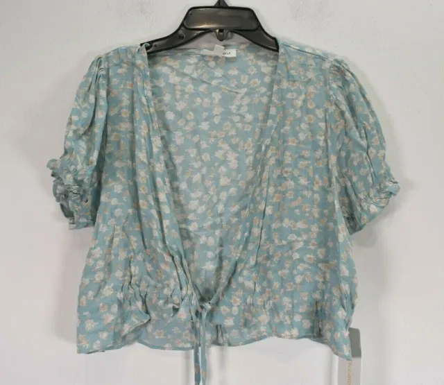 Cotton Candy LA Womens Puff Short Sleeve Floral Print Tie Open Front Top S