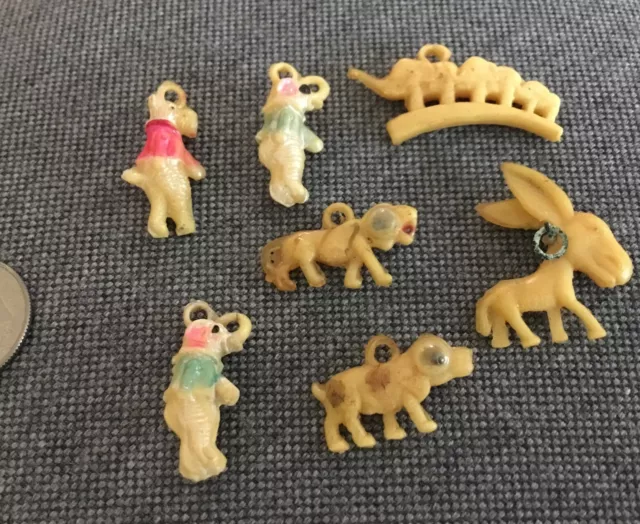 Vintage Lot Of 7 1940s Celluloid Cracker Jack Charms, Animals, Googly Eyed