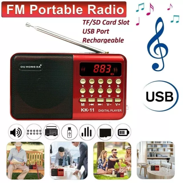 Mini Digital Music Player Portable Radio Rechargeable MP3 FM USB SD Card Speaker