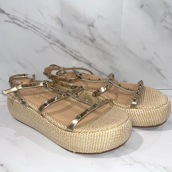 JESSICA SIMPSON FUJI Rustic Platinum Cracked Metallic Wedge Sandal