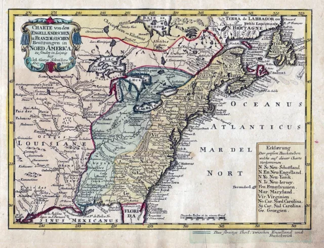 North America New York Virginia United States map Karte Schreiber engraving 1750