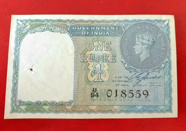 1940 1 RUPEE HIGH GRADE FINE BANK NOTE (Rare Early Serial Number) BRITISH RAJ