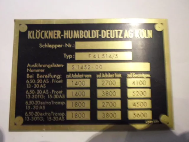 Typenschild Klöckner Deutz F 4 L 514 f4L oldtimer Schild plate S6 Messing khd