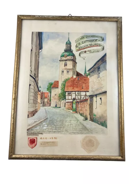 St. Gotthardtkirchplatz Kirche Originalgemälde Brandenburg (Havel) 1937 25x33cm