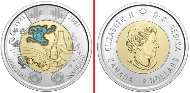 2 $ DISCOVEY OF INSULIN 2021 CANADA QUEEN ELIZABETH II Dollar Coin 🍁 Toonie