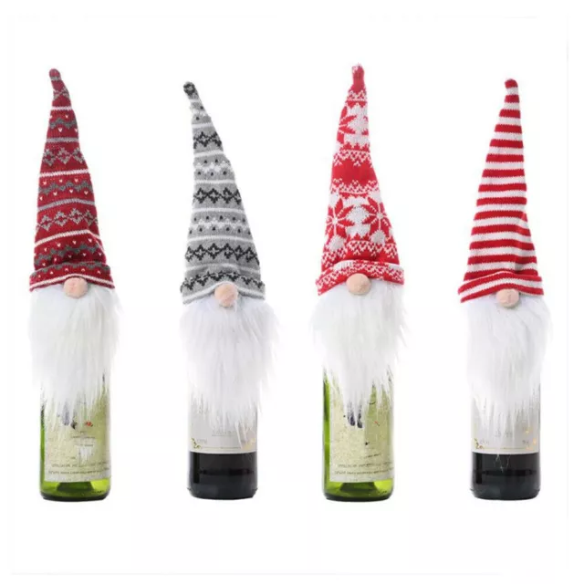 4× Christmas Gnome Wine Bottle Cover Topper Knitted Santa Hat Xmas Home Party