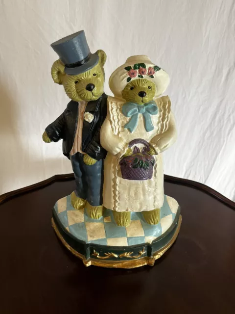 Teddy Bear Couple Doorstop Vintage Cast Iron Bookend Upper Deck
