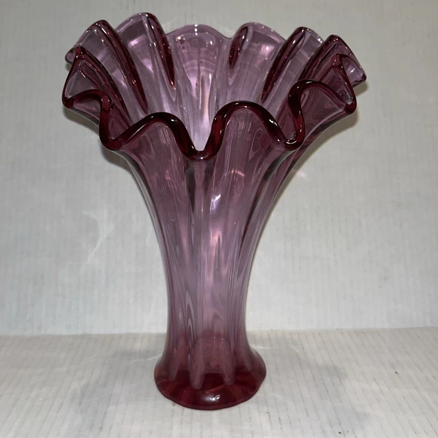 VINTAGE SWUNG ART Glass Vase Ruffled Edge Purple Pink 10.5” Hand Blown