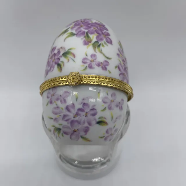 Floral Porcelain Egg Trinket Box Hinged 3” White Pink/Purple Flowers EUC