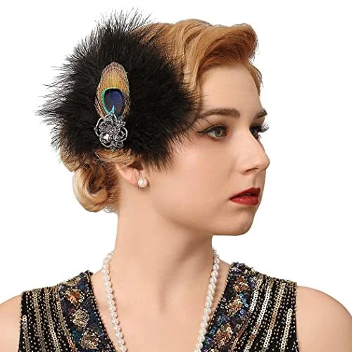 Flapper Headband Black Feather Hair Clip Peacock Feather Headpiece Cocktail