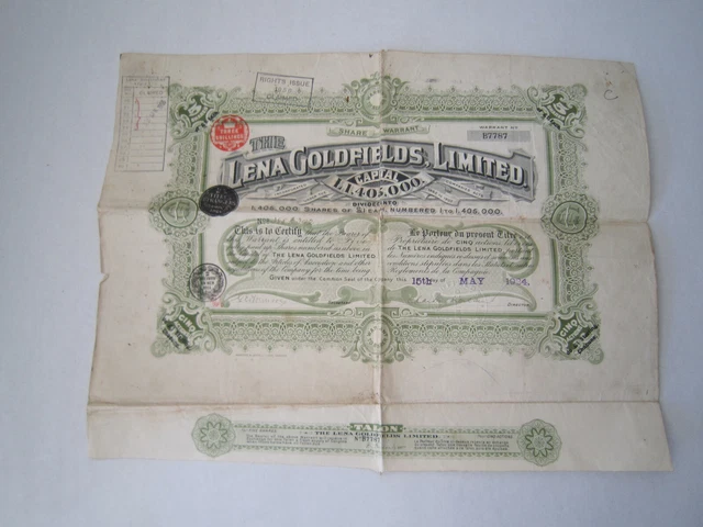 Titre Bon Au Porteur  The Lena Golfields Limited Action 1924