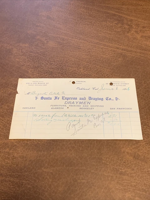Rare - Santa Fe Express & Draying Co. Oakland California 1916 Invoice Receipt