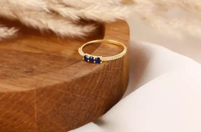 Natural Blue Sapphire Stacking Ring Women's Daily Wear Ring 14k Yellow Gold Ring