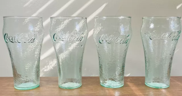 4 VINTAGE Coke Coca Cola Drinking Glasses Set 16 Oz Hammered Green Embossed