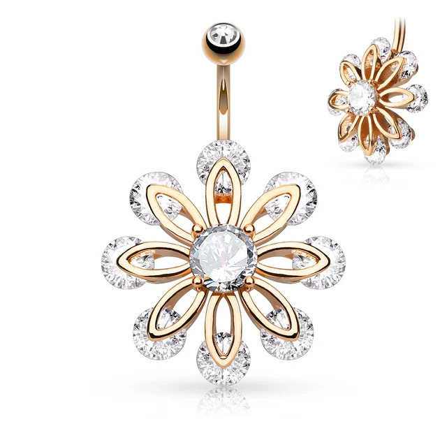 1 - CZ End 8 Petal Flower Round CZ Button Navel Ring Dangle Stainless Steel B528
