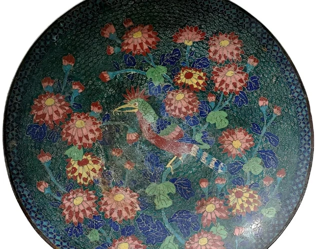 Antique Japanese Edo Period Cloisonné Enamel Bird, Flowers Plants Motif Charger Antique Japanese Edo Period Cloisonné Enamel Bird, Flowers Plants Motif Charger